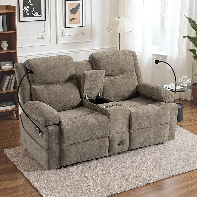 Loveseat Recliner Sofa, Reclining Loveseat with Console, RV Wall Hugger Double Loveseat Recliner Couch for Living Room & Home Theater (Chenille-Camel)