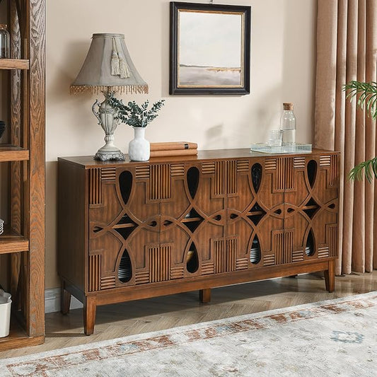 Ball & Cast 60" Mid Century Modern Sideboard Cabinet with Openwork Carving, Media Console & Buffet Cabinet with 4 Doors and Adjustable Shelves for Living Room,Kitchen Coffee Bar, Dining Room, Walnut