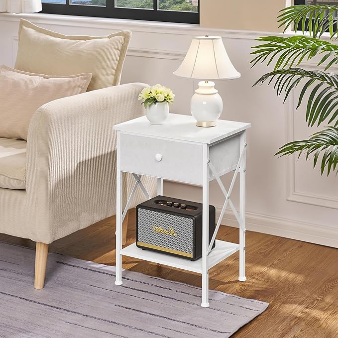 VECELO Nightstand, X-Design End Side Table with Fabric Storage Drawer and Open Shelf, Bedside Night Stand with Steel Frame for Bedroom, Living Room,Dorm, Easy Assembly, White