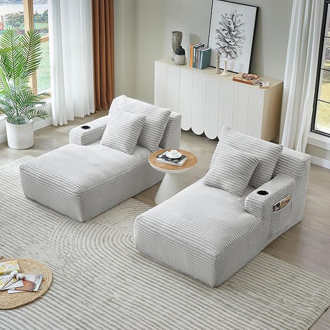 Eafurn Oversized Double Chaise Lounge Indoor with Cup Holders & Side Pocket, 71" Plush Corduroy Boneless Chaise Lounge Sofa with High Density Sponge & Deep High Seat Comfy Sleeper Couch Bed | Breathable material, No Assembly, 52" Deep Seat, 19.7" High ...