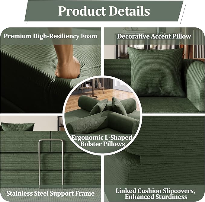 59'' Convertible Compressed Corduroy Folding Cloud Sofa Bed, Modern Boneless Pull Out Loveseat Sleeper in a Box, 4 in 1 Floor Mattress Futon Cloud Couch, No Assembly Needed, Green, 2 Pillows, Queen
