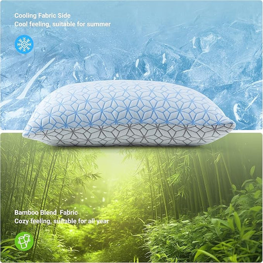 puredown® Standard Pillows Set of 2, Cooling Pillow Full Size 2 Pack, Adjustable Shredded Memory Foam Pillows for Side Back Stomach Hot Sleepers, Ice Blue