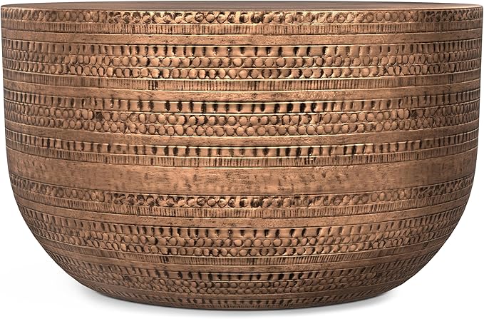 SIMPLIHOME Johnsen Metal Coffee Table - 30 inch Wide Solid Metal Round Drum Accent Table in Antique Copper, Boho Coffee Table for Living Room or Bedroom with Textured Design, Assembled
