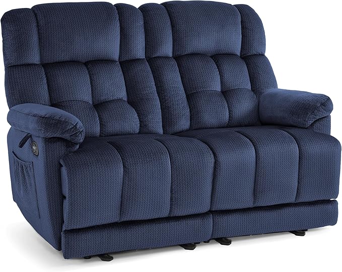 MCombo 58.7" Zero Gravity Power Loveseat Recliner with Heat and Vibration Massage, Reclining Loveseat Sofa with USB Ports for Living Room, Fabric 6237 (Navy Blue)