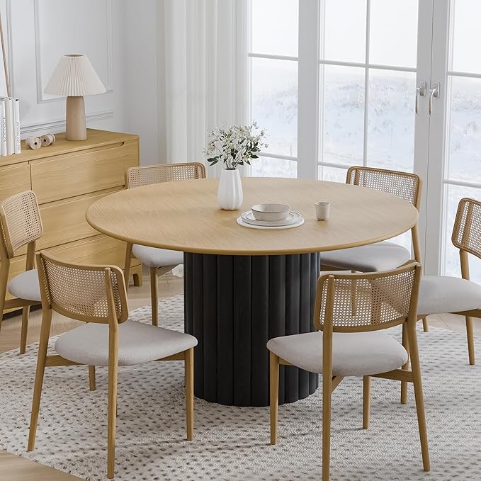 Casaphoria 52 Inch Round Wood Dining Table, Black Cylinder Base with Natural Wood Top, Two-Tone Style, Table for 6 People