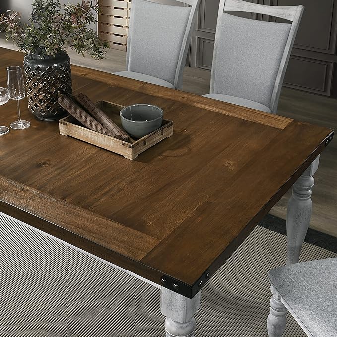 Salines Two-Tone Wood Turned Leg Dining Table, Rustic White and Oak