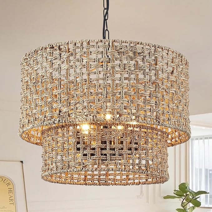 5-Light Boho Rattan Chandelier Light Fixture 19" Large Hand Woven Rustic Chandeliers Farmhouse Drum Hanging Light for Living Room Dining Room Kitchen Island Foyer Entryway, E12