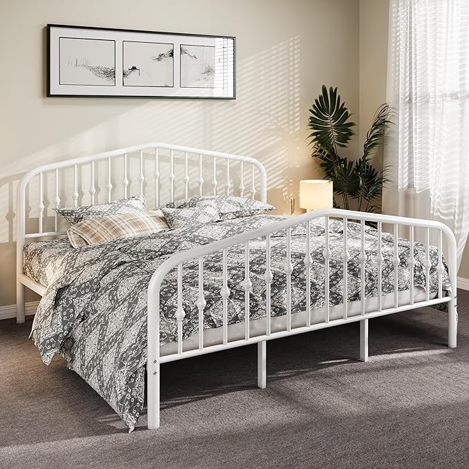 Allewie King Size Metal Platform Bed Frame with Vintage Headboard and Footboard, No Box Spring Needed, Easy Assembly, White