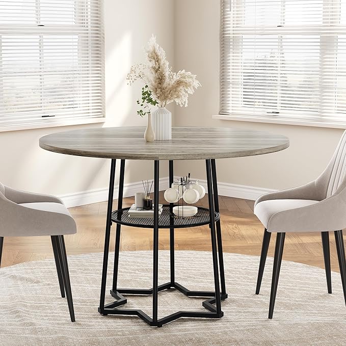 IDEALHOUSE Round Dining Table for 4, 38" Farmhouse Kitchen Table with 17.7" Storage, Small Circle Dinner Tables, Space Saving, Wood Kitchen & Dining Room Furniture for Dining Room, Apartmen, Grey