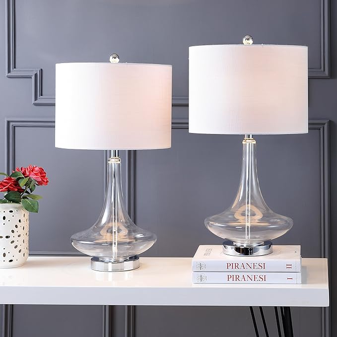 JONATHAN Y 25.5" Clear/Chrome Glass Teardrop Table Lamp Set of 2 for Bedroom, Modern Bedside Lamps for Living Room, White Linen Drum Shade, LED Bulbs Included (JYL1081C-SET2)