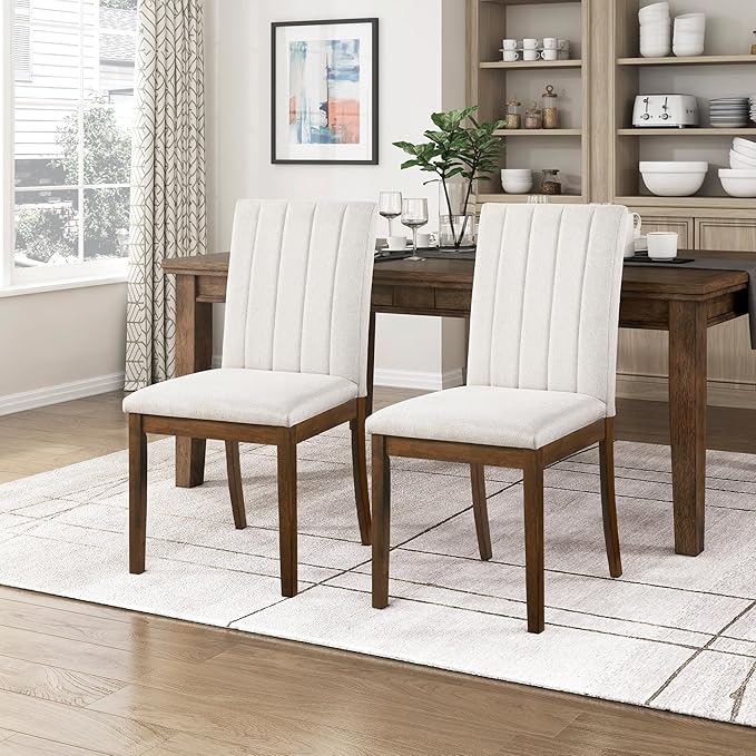 Lexicon Kitchen & Dining Room Chairs, Dining Chairs Set of 2, Fabric Upholstered Dining Chairs, Rubberwood Armless Dining Chairs, Modern Dining Chair, Easy Assembly, Chestnut/Beige