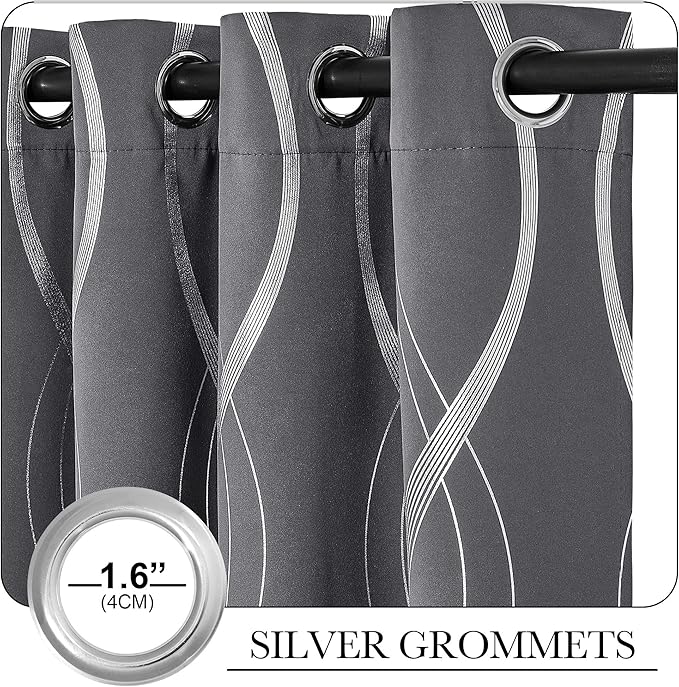 NICETOWN Small Blackout Grey Cafe Curtain Panels for Kitchen, Set of 2, 34 by 54 Inch, Window Treatment Thermal Insulated Solid Grommet Sun Block Wave Line Foil Print Design Drapes for Loft Basement