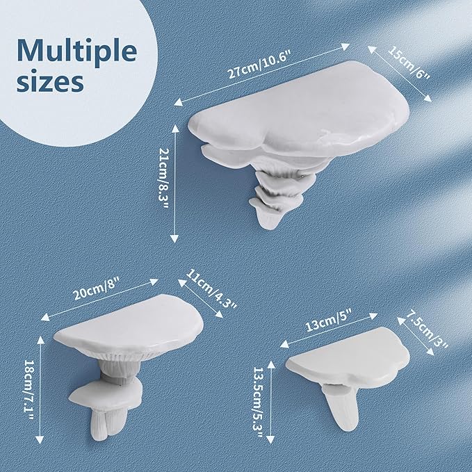 UITWMKTG 3 Pack Mushroom Shelves Floating Shelf Cottage Core Wall Decor Cute Hanging Shelf for Home Living Room Bedroom Kitchen Unique Wall Decor White