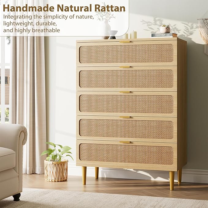 GarveeHome Rattan 5 Drawer Dressers for Bedroom, Tall Dresser with Deep Drawers, Large Chest of Drawers for Closet with Wide Top, Long Wooden Dresser for Living Room, Hallway, Kids Room, Natural