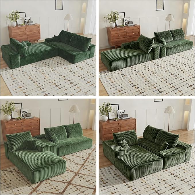 135" Corduroy Couch Sectional with Chaise, L Shape Boneless Cloud Couches for Living Room Bedroom, Modular Corner Couch, Fluffy Deep Seat Compression Sofa, Left Facing Chaise, No Assembly, Green