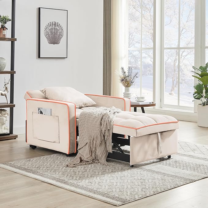 Sleeper Chair, Pull Out Chair Sleeper with Adjustable Back & Pocket, Convertible Chairs Bed Sleepers for Adults, 3 in 1 Sofa Bed Chairs for Small Spaces, Living Room, White