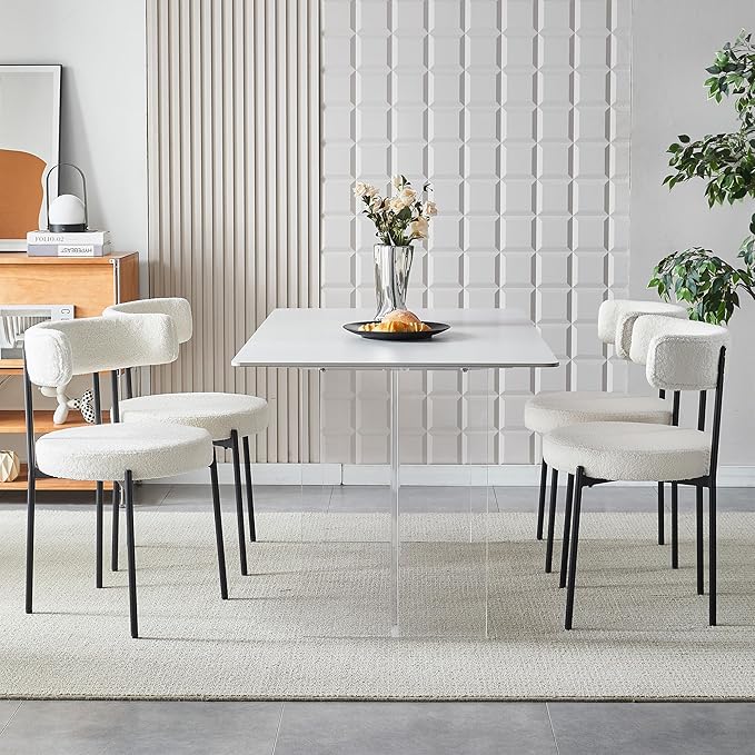 Honyee White Dining Chairs, Modern Dining Chairs Set of 2, Teddy Fleece Round Cushion Dining Room Chairs, Curved Backrest Dining Chairs with Black Metal Legs (White, 2Pcs)