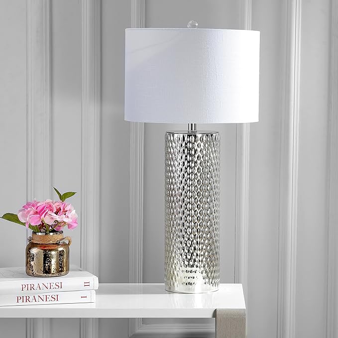 JONATHAN Y 30" Silver Isabella Studded Glass Table Lamp, Contemporary Glam Silver Leaf Base with White Linen Drum Shade for Bedroom Living Room, LED Bulb Included JYL1013A