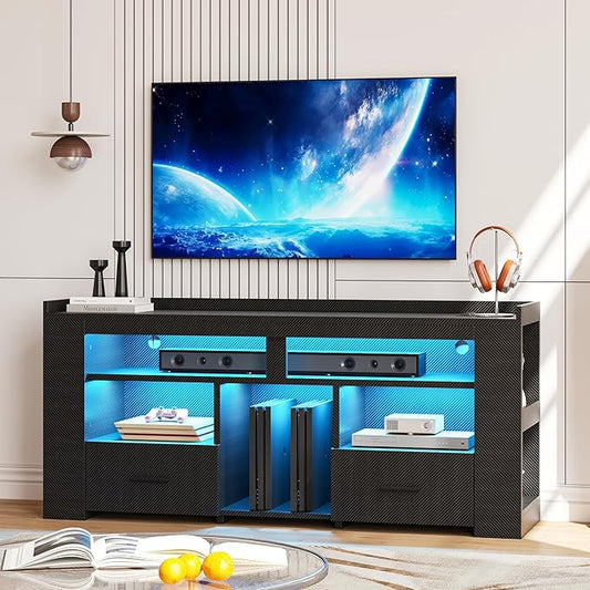 IRONCK TV Stand for 65 Inch TV, Carbon Fiber Entertainment Center with 2 Drawers, Charging Station & RGB LED Light, Gaming Media Console for PS4, Bedroom, Living Room, Black