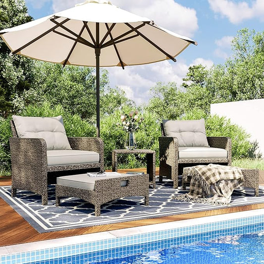 Pamapic Outdoor Furniture 5 Piece Patio Conversation Set, Wicker Rattan Patio Set with Soft Cushions & Coffee Table, Balcony Furniturefor with 2 Ottoman for Porch, Garden, Lawn (Grey)
