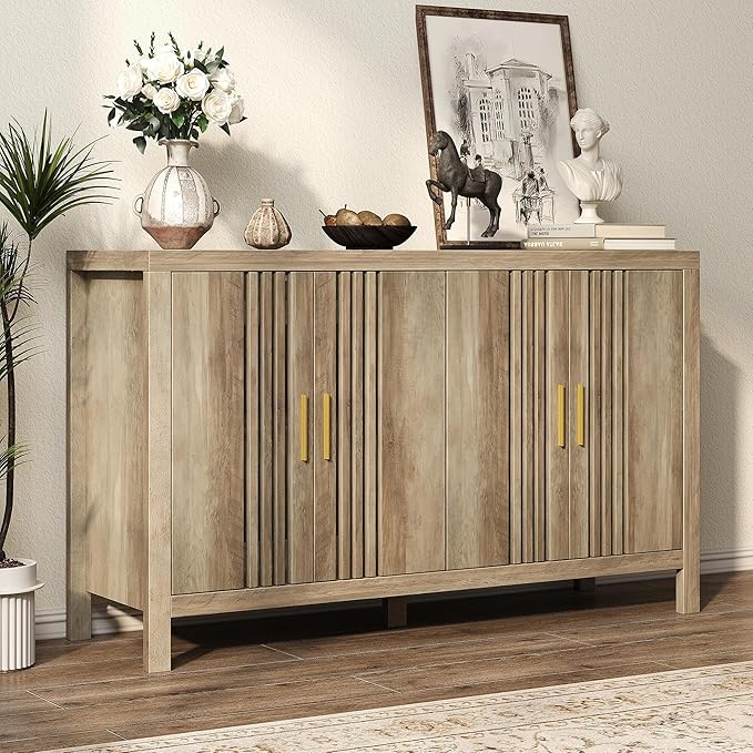 Sideboard Buffet Cabinet with Storage, 55" Large Kitchen Buffet Cabinets Farmhouse Storage Cabinet, Wood Coffee Bar Sideboards for Kitchen, Entryway, Living Room, Natural Oak