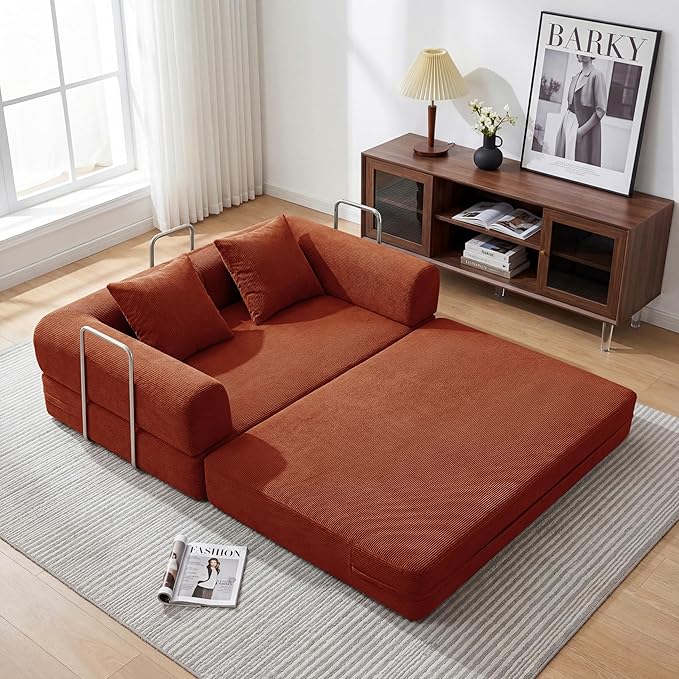 53.15'' Convertible Compressed Corduroy Folding Cloud Sofa Bed, Modern Boneless Pull Out Loveseat Sleeper in a Box, 4 in 1 Floor Mattress Futon Cloud Couch, No Assembly Needed, Orange, Pillows, Full