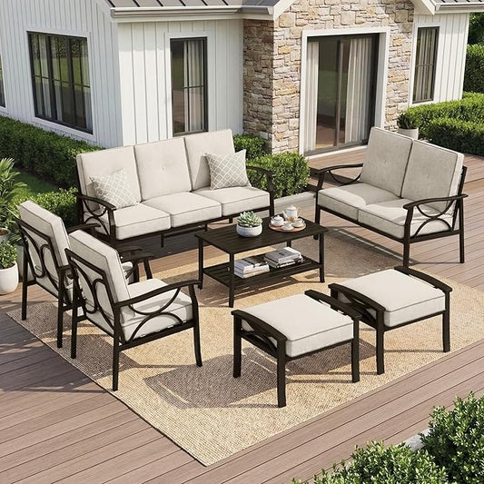 Outdoor Patio Furniture Set, 9 Seats Outdoor Patio Set with 4" Thick Cushion, All-Weather Metal Patio Sofa with Coffee Table, Outdoor Sectional Furniture for Porch Backyard Deck Yard, Black&Beige