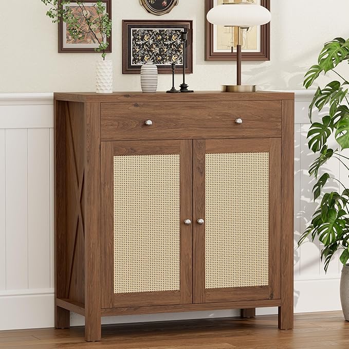 31" Sideboard Buffet Cabinet, Farmhouse Kitchen Buffet Cabinet with Storage and Drawers, Cabinets with Doors and Adjustable Shelves, Rattan Sideboard Storage Cabinets for Kitchen, Living Room