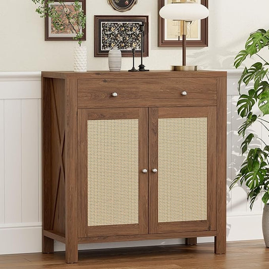 31" Sideboard Buffet Cabinet, Farmhouse Kitchen Buffet Cabinet with Storage and Drawers, Cabinets with Doors and Adjustable Shelves, Rattan Sideboard Storage Cabinets for Kitchen, Living Room