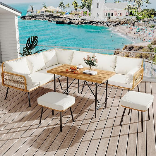 GarveeLife 6 Pieces Patio Furniture Sets Wicker Outdoor Sectional L-Shaped with Cushions & Wood Dining Table and Chairs Set, Boho Rattan 8 Seater Conversation Sets for Balcony, Backyard, Beige