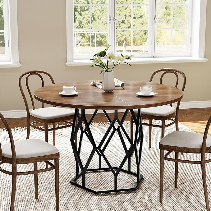 IDEALHOUSE 47 Inch Round Dining Table, Farmhouse Dining Kitchen Table for 4-6 People, Kitchen & Dining Room Tables, Circle Kitchen Table for Kitchen, Dining Room, Living Room, Brown