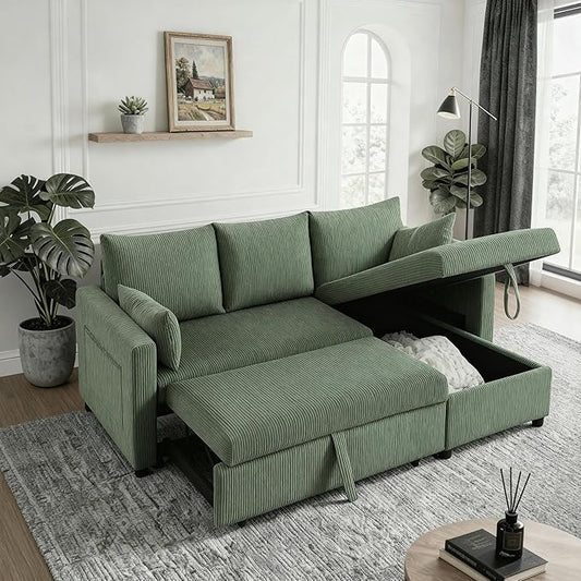 Sectional Sleeper Sofa with Pull Out Bed, LShape Convertible Sofa Bed Couch with Storage Chaise, 3 in 1 Pull Out Sofa Bed with 3 Seats, for Living Room,Apartment, Green, 85Inch
