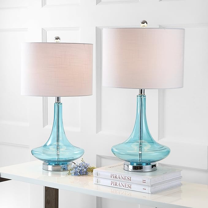 JONATHAN Y 25.5" Aqua/Chrome Glass Teardrop Table Lamp Set of 2 for Bedroom, Modern Bedside Lamps for Living Room, White Linen Drum Shade, LED Bulbs Included (JYL1081B-SET2)