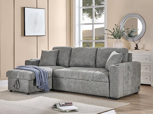 ERYE 96-Inch Oversized Reversible Corner Sleeper Sectional Sofa Bed for Living Room Office,L-Shaped Boucle Upholstered Convertible Pull Out Sleeper Couch Bed W/Storage Chaise | Cupholders, USB-C Ports, Channel Tufted