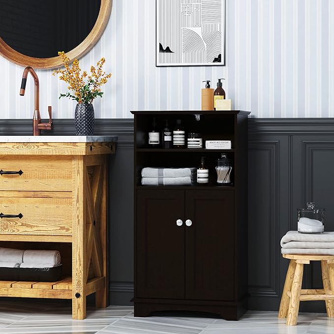 Spirich Modern Espresso Wood Bathroom Storage Cabinet, 23.62" W x 11.81"D x 40.15"H, 2 Doors, 3 Adjustable Shelves, Freestanding, Perfect for Bathroom, Entryway, Living Room & Dining Room