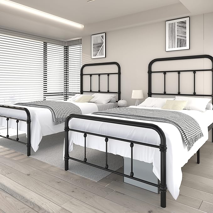 Twin XL-Bed-Frame with headboard Giselle-Vintage Antique-Metal - Platform Mattress Foundation,49 inch High,No Box Spring Needed(Black)