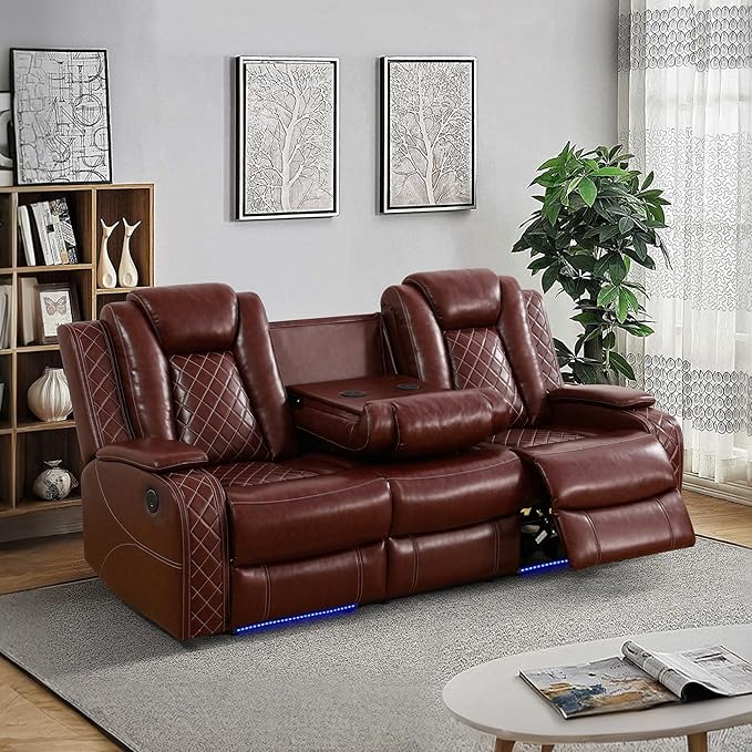 Breathing Leather Power Reclining Sofa, Living Room Furniture with 2 Recliners, 3 Seater Leather Couch with Flip-Down Table/USB Charging for Office/Home Theater (Auburn, 3-Seat Sofa)