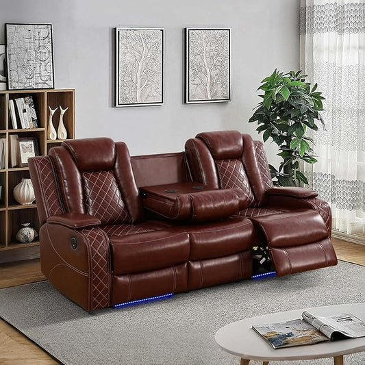 Breathing Leather Power Reclining Sofa, Living Room Furniture with 2 Recliners, 3 Seater Leather Couch with Flip-Down Table/USB Charging for Office/Home Theater (Auburn, 3-Seat Sofa)