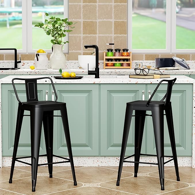 Tongli Metal Bar Stools Set of 2 Counter Stools Metal Bar Chairs Stools Counter Height Barstools Indoor Outdoor (Matte Black, 2PCS-30)