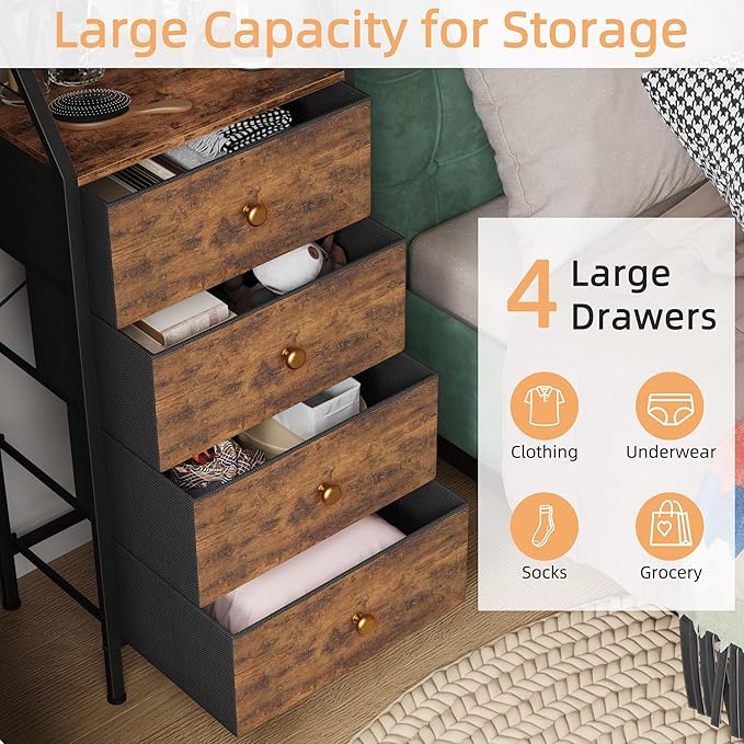 Dresser with Mirror, 4 Drawers Dresser with 2-Tier Shelves, Freestanding Fabric Chest of Drawers for Small Space, Tall Narrow Nightstand Vanity for Bedroom, Hallway, Dorm, Rustic Brown, 15.3"W