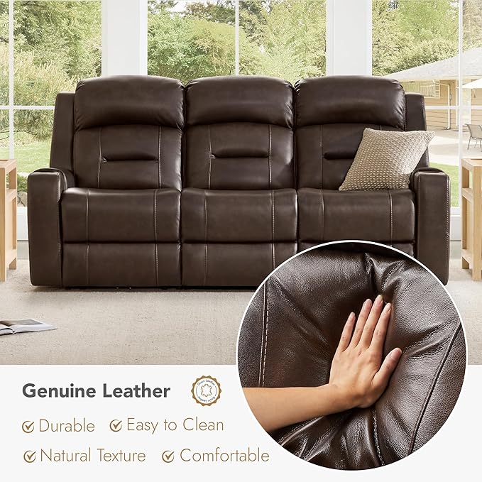Watson & Whitely Genuine Leather Power Reclining Sofa, 3-Seater Lay Flat Recliner Sofa with Power Headrest, Cup Holders, USB & Type-C Ports, Electric Reclining Couch for Living Room, Dark Brown
