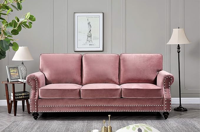 Container Furniture Direct Lotus Mid Century Modern Velvet Upholstered Living Room Rolled Arms, Sofa and Loveseat, Rose