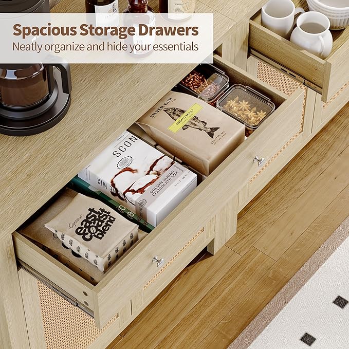 31" Sideboard Buffet Cabinet, Farmhouse Kitchen Buffet Cabinet with Storage and Drawers, Cabinets with Doors and Adjustable Shelves, Rattan Sideboard Storage Cabinets for Kitchen, Living Room