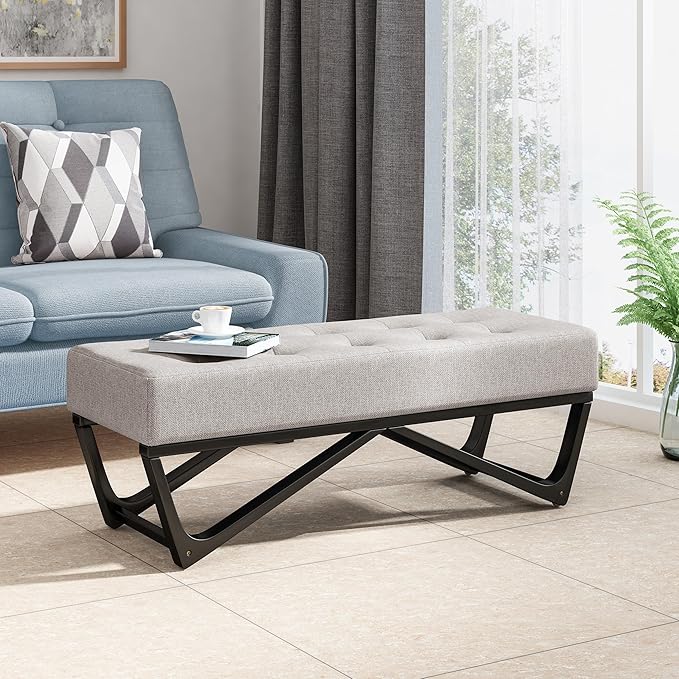 Ball & Cast Modern Tufted Upholstered Entryway Bench Ottoman, 47.5" Padded Bed of End Stool Seating with Faux Wooden Frame, for Living Room Bedroom Kitchen, Grey