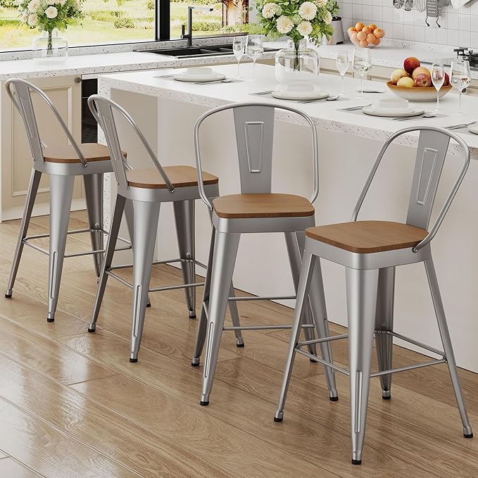 Andeworld Metal Bar Stools Set of 4, 24 inch Counter Height Barstools with Backs Farmhouse Modern High Back Bar Stools with Larger Seat Kitchen Dining Bar Chairs,Silver