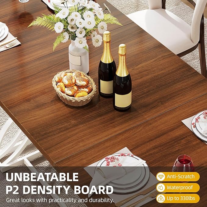 DWVO 70.3" Large Modern Dining Table for 6-8 People, Rectangular Walnut Kitchen Dining Room Table with Thick Tabletop and White Geometric Metal Legs, Farmhouse Wood Dinner Tables