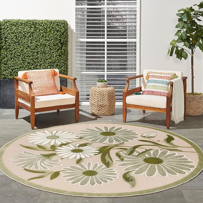 Nourison Home Aloha Ivory Green 5'3" x Round Area Rug - Easy Clean, Non Shedding, Bed Room, Living Room, Dining Room, Kitchen (5' x Round)