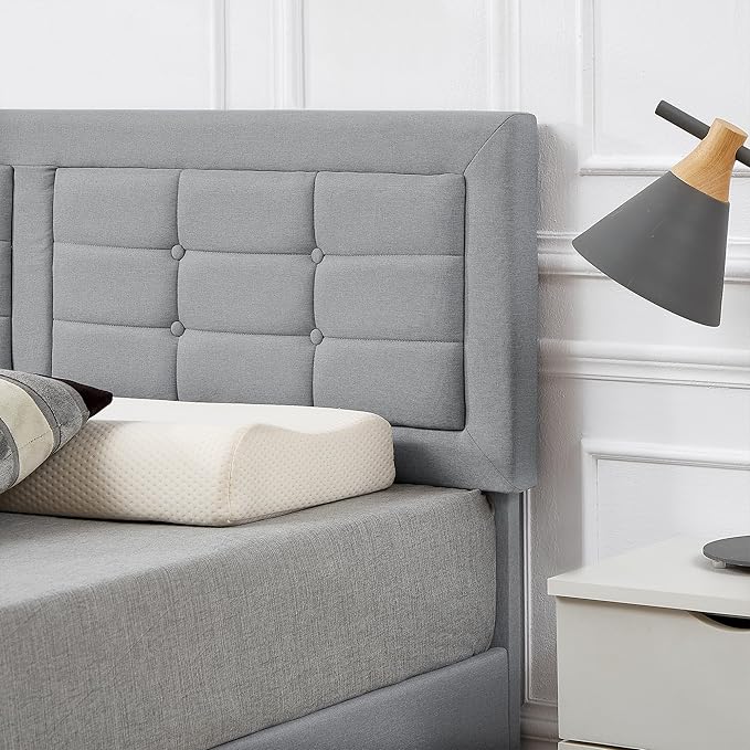 VECELO Queen Size Bed Frame with Adjustable Headboard, Upholstered Button Tufted Platform Bedframe with Wood Slats Support, No Box Spring Needed, Linen & Light Grey