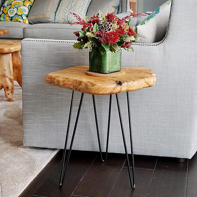 WELLAND Live Edge Side Table with Hairpin Legs, Natural Edge Side Table, Small Nightstand Wood, 15.5" Tall