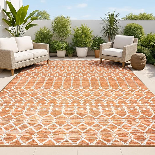 JONATHAN Y Moroccan Geometric Indoor Outdoor Area Rug 5X8 Orange/Cream, Ourika Textured Weave for Backyard, Patio, Porch, Easy-Cleaning, High Traffic, Pet-Friendly, Non-Shedding (SMB108P-5)